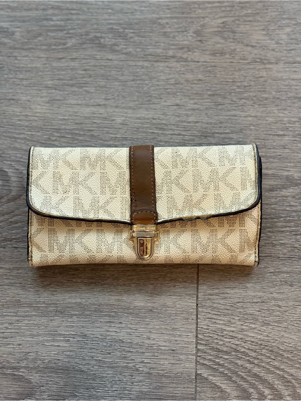 Michael Kors Beige Signature Canvas Wallet with Brown Trim